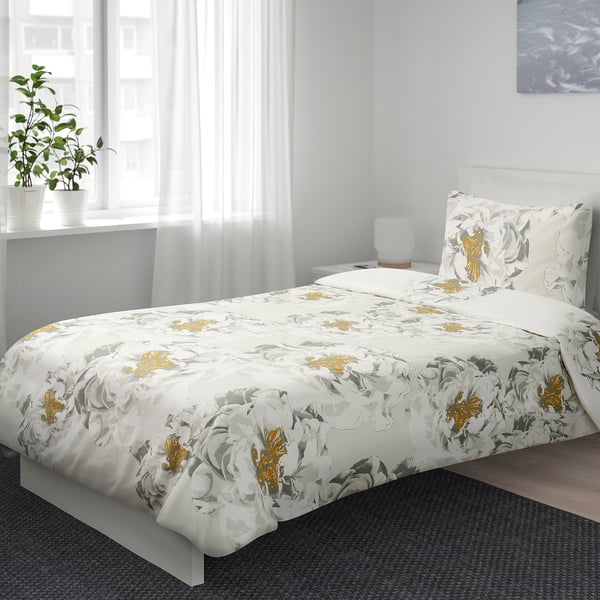 MATTFIBBLA Duvet cover and pillowcase, white yellow/flower, 150x200/50x80 cm