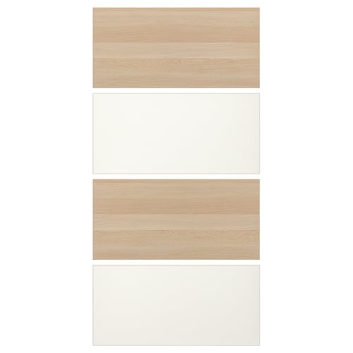 MEHAMN sliding doors. The doors are double-sided with wood and white finishes. They are made of fibreboard with a paper foil finish.