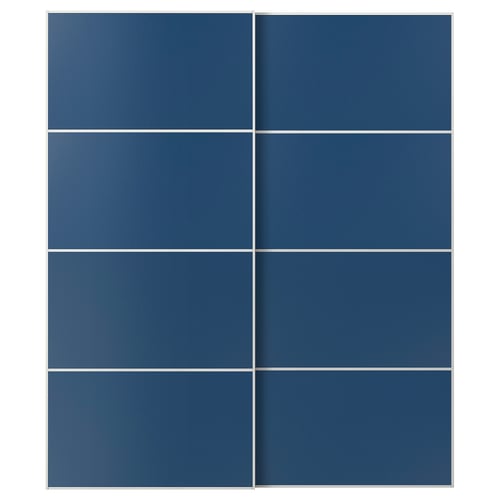 MEHAMN blue sliding glass doors. The rectangle-shaped doors have a minimalist design with a glass panel in a sturdy aluminium frame.
