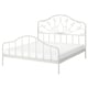 A white MELLGRUND bed frame with a steel headboard and footboard, displaying intricate scroll designs.