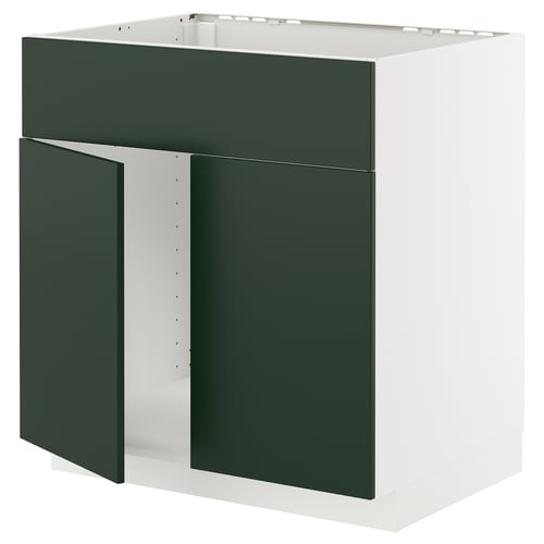 METOD white cabinet with dark green doors.