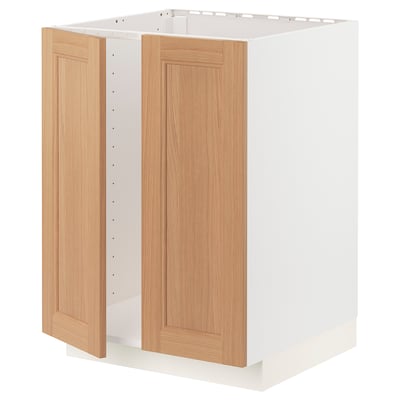 METOD Base cabinet for sink + 2 doors, white/Vedhamn oak, 60x60 cm