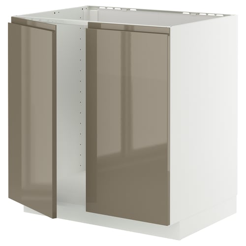 Modern kitchen cabinet, METOD white, glossy dark grey-brown doors, sleek design, metallic handles, sturdy frame.