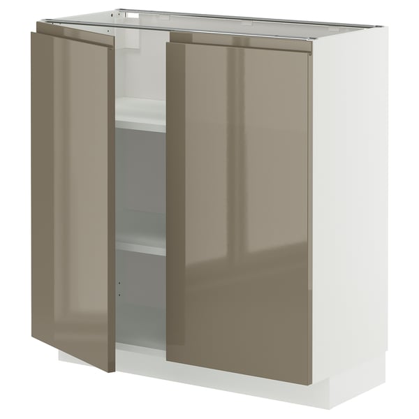 METOD Base cabinet with shelves/2 doors, white/Voxtorp high-gloss dark grey-brown, 80x37 cm