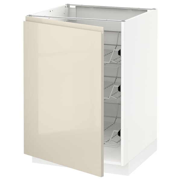 METOD Base cabinet with wire baskets, white/Voxtorp high-gloss light beige, 60x60 cm