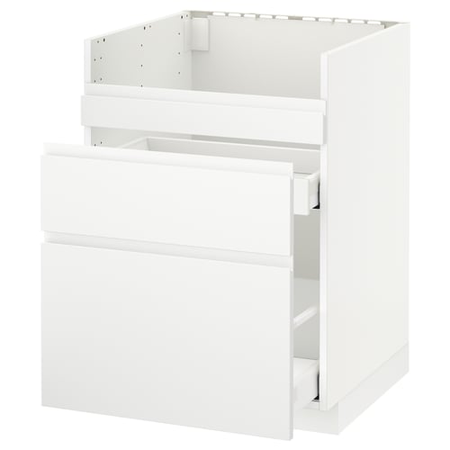 White kitchen cabinet with drawers, modern design, smooth finishes.