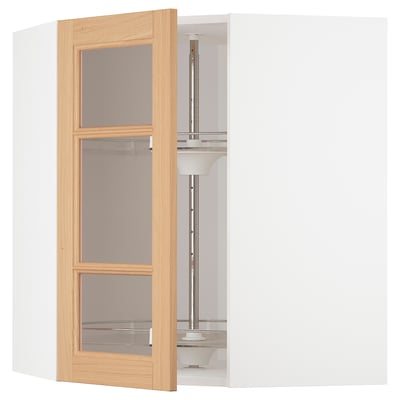 METOD Corner wall cab w carousel/glass dr, white/Vedhamn oak, 68x80 cm