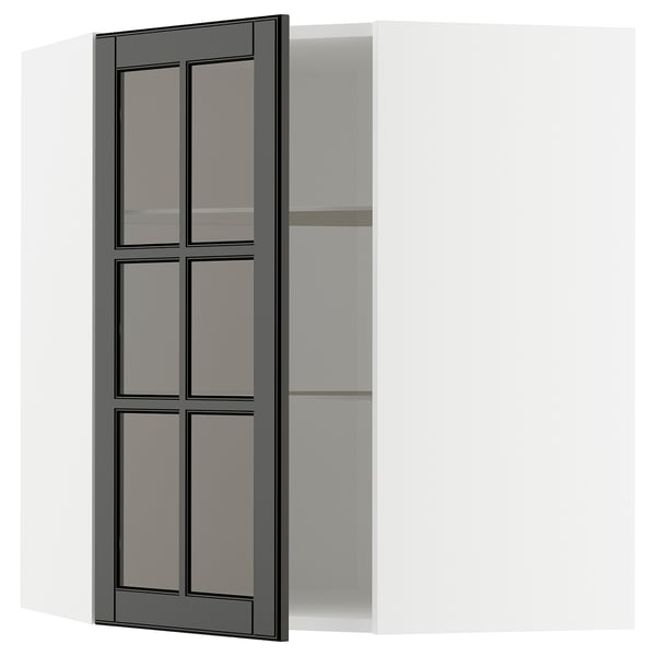 METOD Corner wall cab w shelves/glass dr, white/Bodbyn black, 68x80 cm