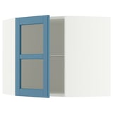METOD Corner wall cab w shelves/glass dr, white/Lerhyttan blue, 68x60 cm