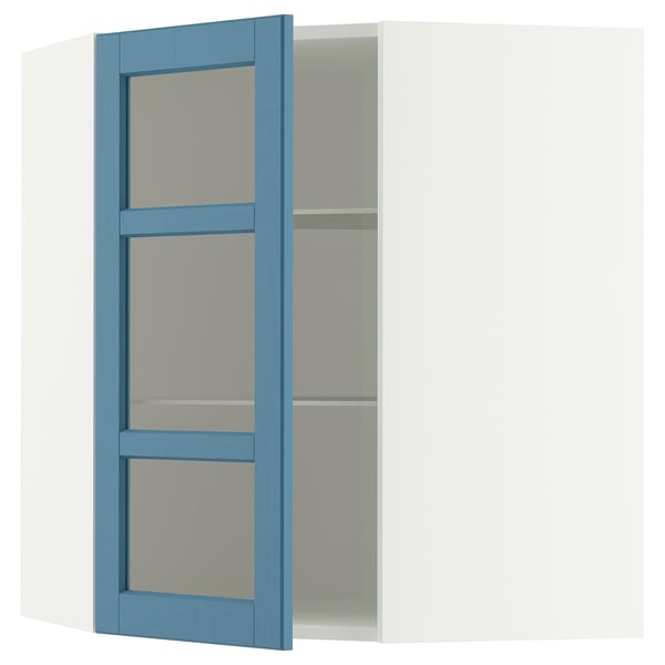 METOD Corner wall cab w shelves/glass dr, white/Lerhyttan blue, 68x80 cm