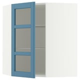 METOD Corner wall cab w shelves/glass dr, white/Lerhyttan blue, 68x80 cm