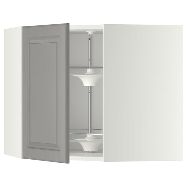METOD Corner wall cabinet with carousel, white/Bodbyn grey, 68x60 cm