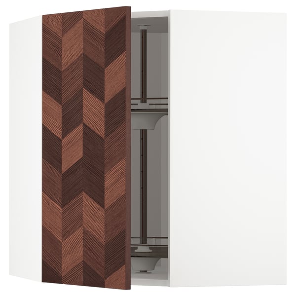 METOD Corner wall cabinet with carousel, white Hasslarp/brown patterned, 68x80 cm