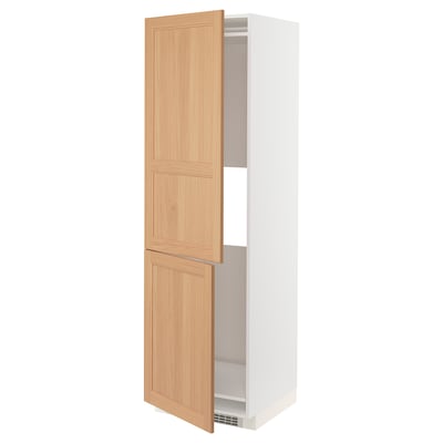 White kitchen cabinet with light wood doors, adjustable shelves.