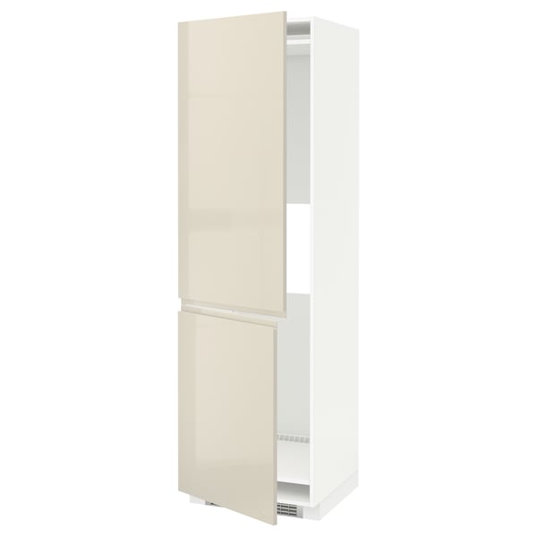 METOD Hi cab f fridge or freezer w 2 drs, white/Voxtorp high-gloss light beige, 60x60x200 cm