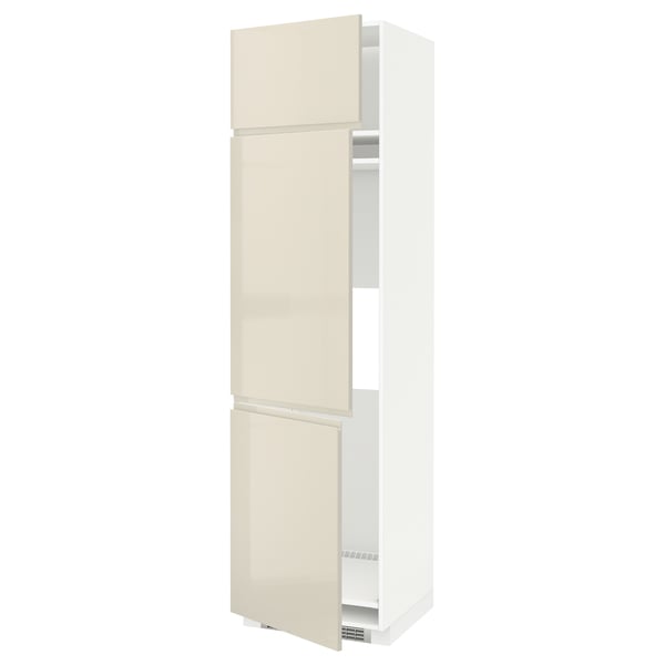 METOD High cab f fridge/freezer w 3 doors, white/Voxtorp high-gloss light beige, 60x60x220 cm