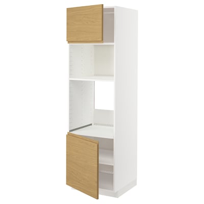 White ikea METOD kitchen cabinet with oak doors, minimalist and warm, tall with open compartments.