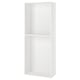 A white METOD kitchen cabinet. Its rectangular, with one shelf, and is made of melamine and fibreboard.