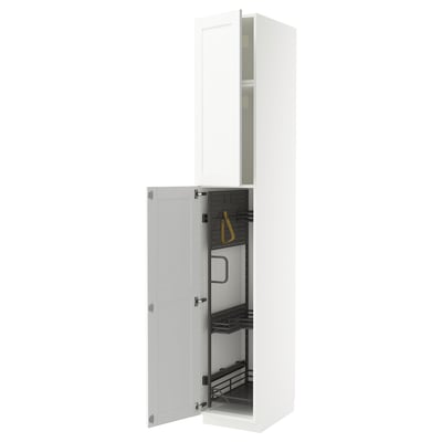 An open white METOD kitchen cabinet with a grain structure. It pull-out organisers and is made of particleboard and fiberboard.