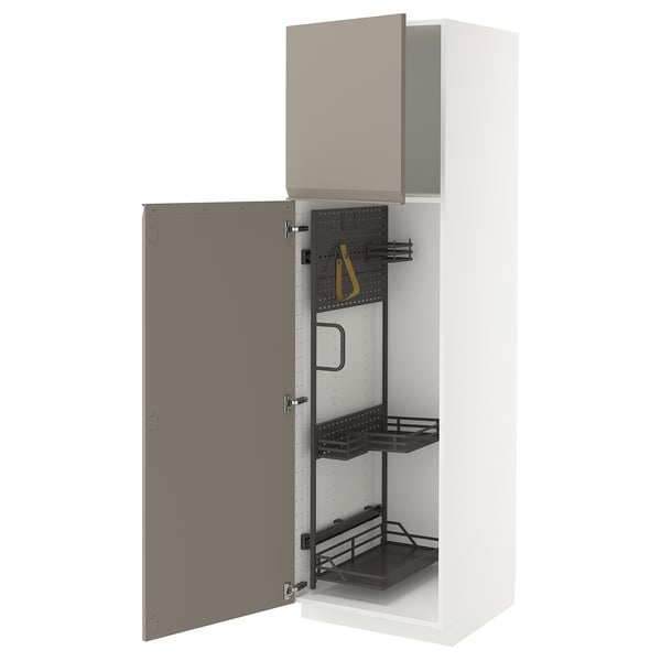 METOD High cabinet with cleaning interior, white/Upplöv matt dark beige, 60x60x200 cm