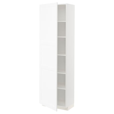A white METOD kitchen cabinet with a wood-like finish. Its tall with a rectangular shape, featuring an open door and adjustable shelves.