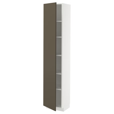 A tall, white cabinet with one dark brown door partially open, revealing adjustable shelves inside.