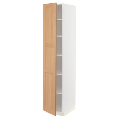METOD kitchen cabinet, oak & white, vertical, three shelves, right-side hinge.