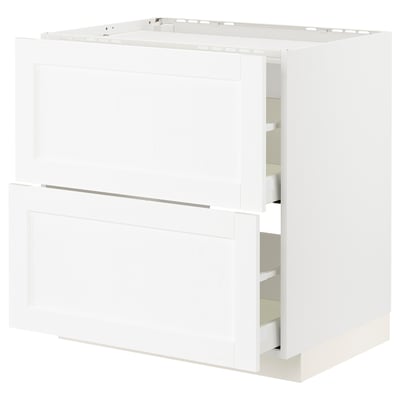 Modern white kitchen cabinet with drawers, sleek design, smooth finish.