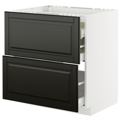 Modern kitchen cabinet: METOD with black bodbyn drawers, white frame, double drawers.