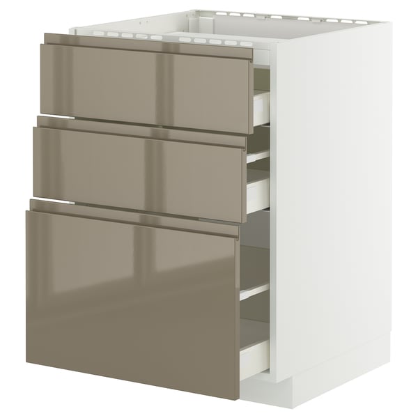 METOD / MAXIMERA Base cab f hob/3 fronts/3 drawers, white/Voxtorp high-gloss dark grey-brown, 60x60 cm