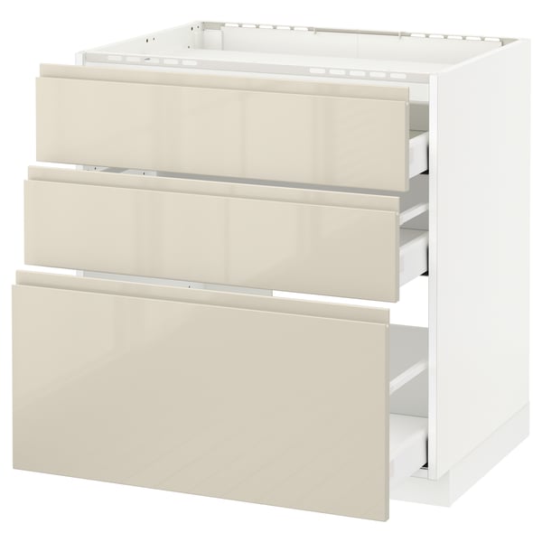 METOD / MAXIMERA Base cab f hob/3 fronts/3 drawers, white/Voxtorp high-gloss light beige, 80x60 cm