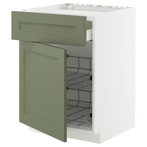 METOD / MAXIMERA Base cab f hob/drawer/2 wire bskts, white/Axstad grey-green, 60x60 cm
