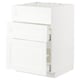 A white METOD kitchen cabinet with wooden texture. It three drawers and a door.