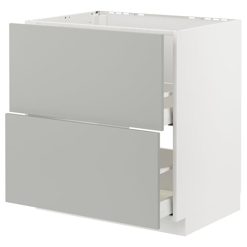 White and grey modern kitchen cabinet with two drawers, rectangular shape, sleek design.