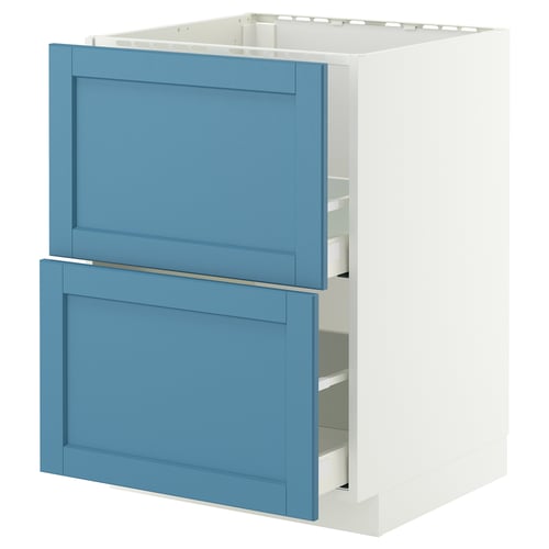 A blue IKEA METOD kitchen cabinet with two drawers, rectangular shape, modern design, made of particleboard and steel.
