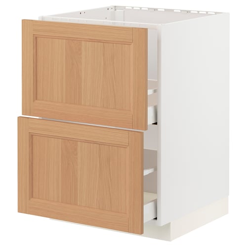 Ikea METOD kitchen cabinet with two oak drawers and white frame.