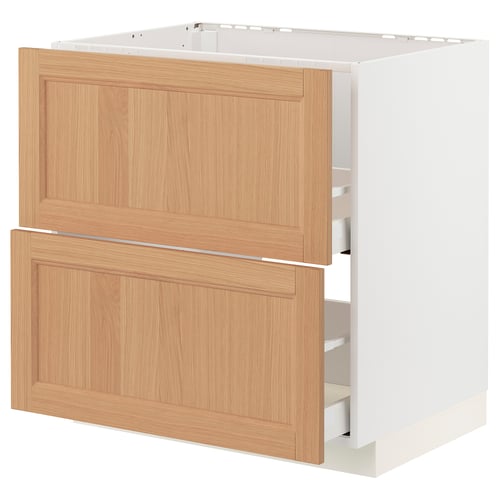 White and oak cabinet, modern minimalist kitchen unit with one large and one small door, light wood grain, sleek design.