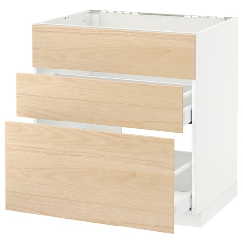 White METOD kitchen cabinet with light ash drawers, 3 drawers, modern edge design.