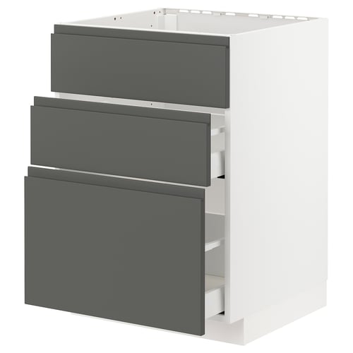 Modern kitchen unit, white & grey, 3 drawers, sleek design.