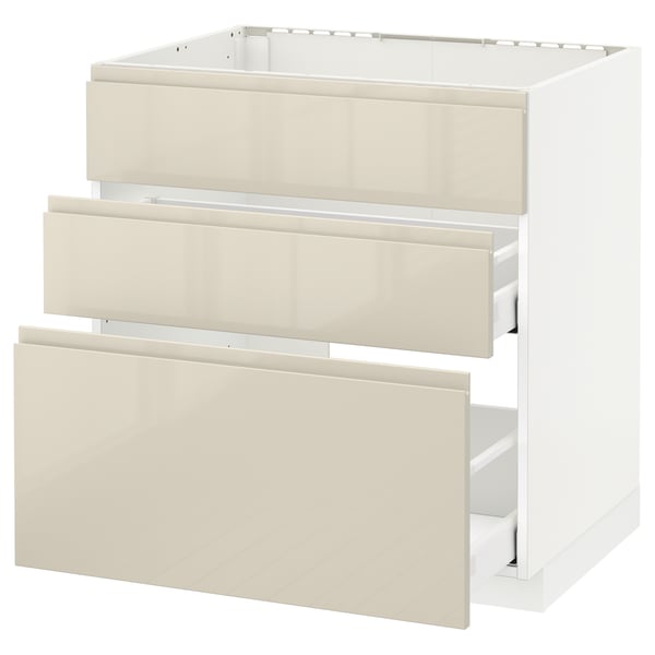METOD / MAXIMERA Base cab f sink+3 fronts/2 drawers, white/Voxtorp high-gloss light beige, 80x60 cm