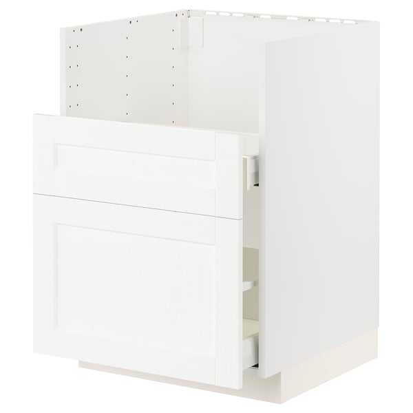 White METOD kitchen cabinet with drawer and shelves.