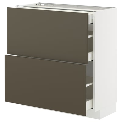 Modern kitchen units in dark brown with white frame, flat design, drawers and shelves.