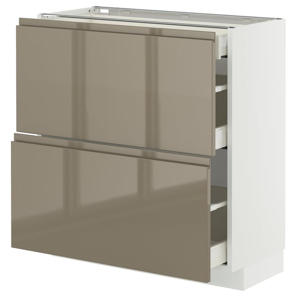 METOD / MAXIMERA Base cab with 2 fronts/3 drawers, white/Voxtorp high-gloss dark grey-brown, 80x37 cm