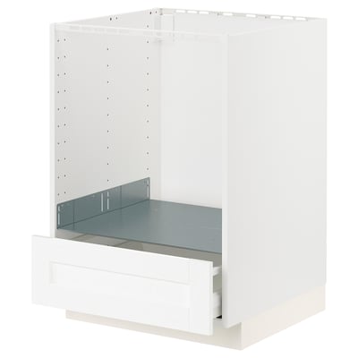 A white ikea METOD kitchen cabinet with a single drawer and an open back, featuring a modern design with a smooth drawer front.
