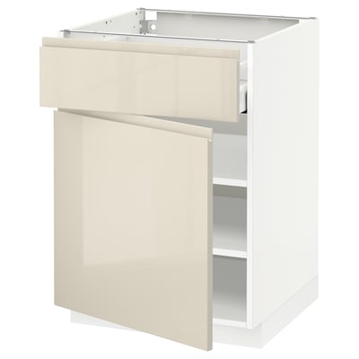 METOD / MAXIMERA Base cabinet with drawer/door, white/Voxtorp high-gloss light beige, 60x60 cm