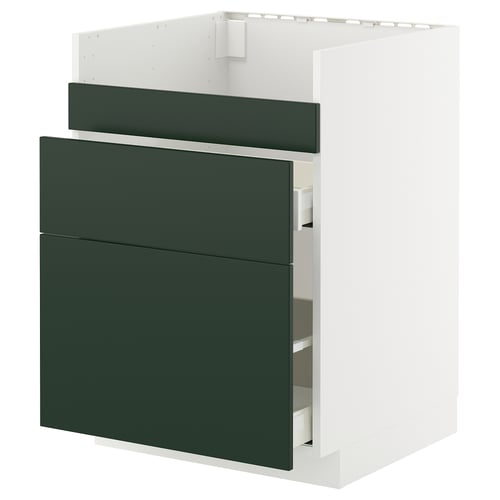 This image shows a white and dark green METOD kitchen cabinet with three drawers. It a modern design with a sleek, smooth finish.