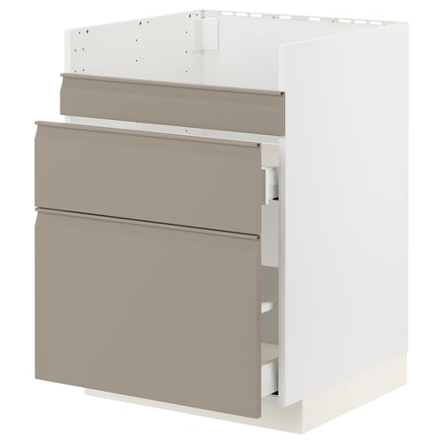 METOD kitchen unit, beige, modern, sleek design, flat drawer fronts with slight chamfer, handle-less, gray-beige, 3-drawer base cabinet.