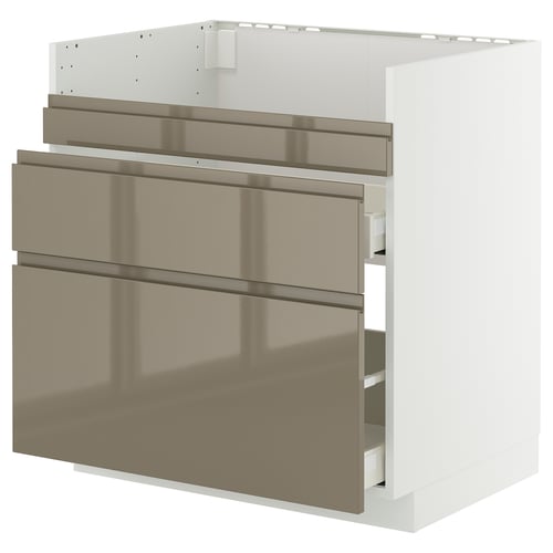 Modern kitchen cabinet, METOD series, white & metallic, with three drawers, sleek & streamlined design, metallic handles, high gloss finish.