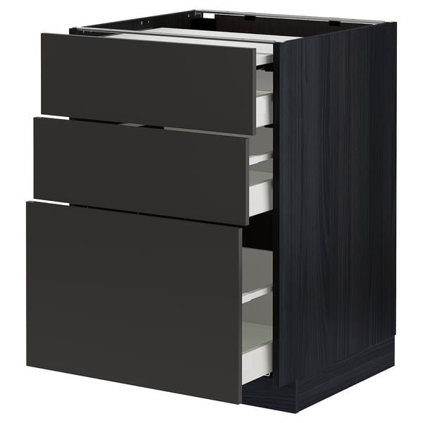 Modern black kitchen drawer unit with three open drawers. Sleek, dark finish, rectangular design. Part of the METOD collection.