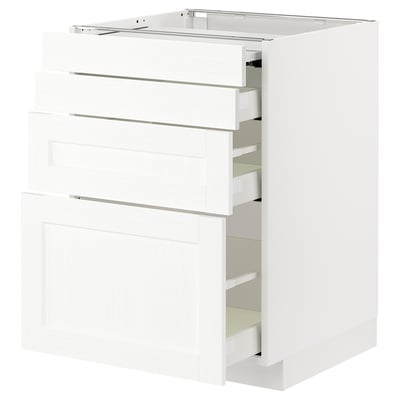 White METOD kitchen cabinet with three open drawers, sleek design.